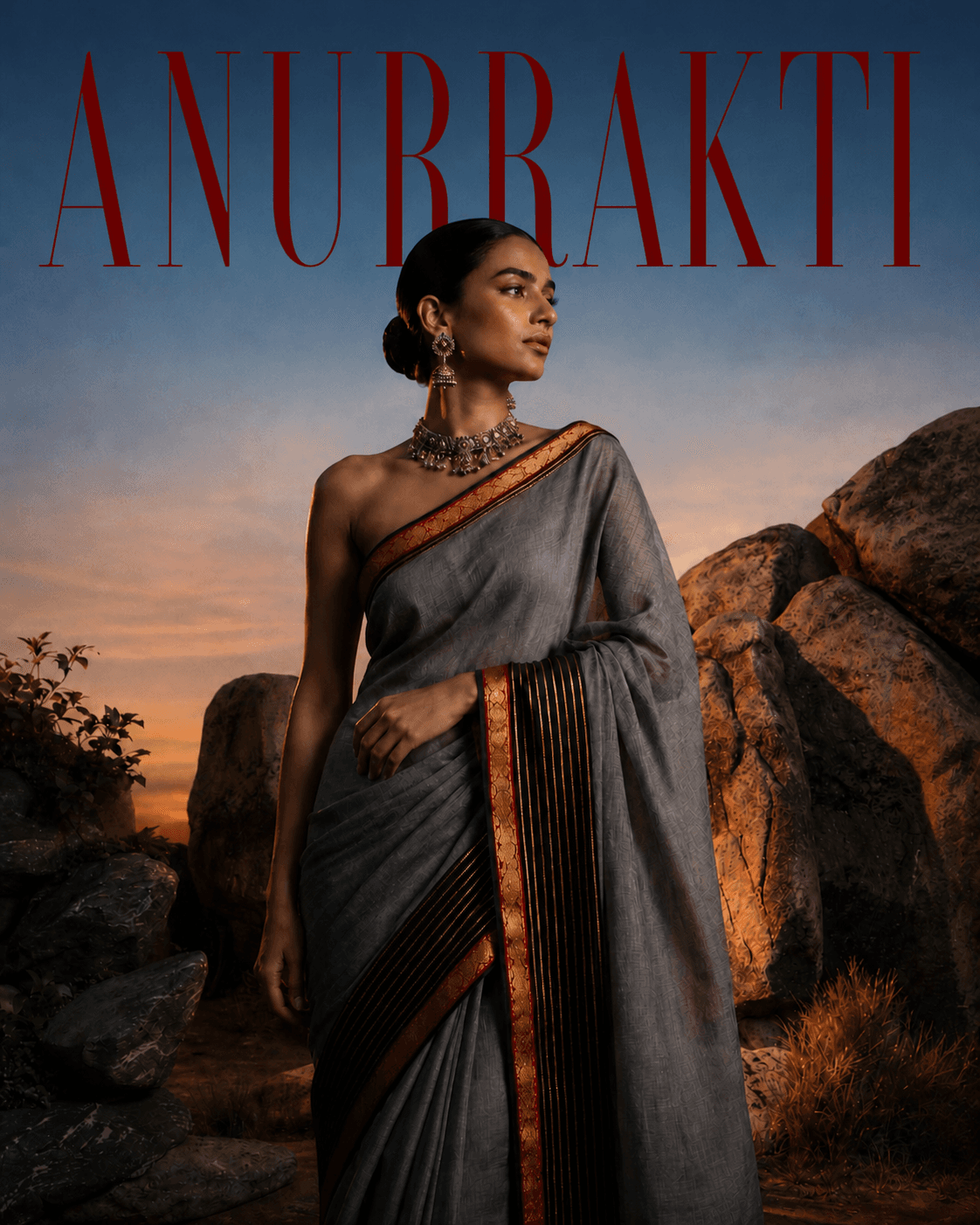 Woman wearing a grey ANURRAKTI saree with defined front pleats and a bordered pallu