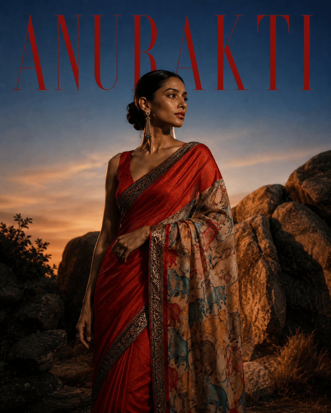 Woman wearing a red ANURRAKTI saree with contrasting illustrated pallu and woven border