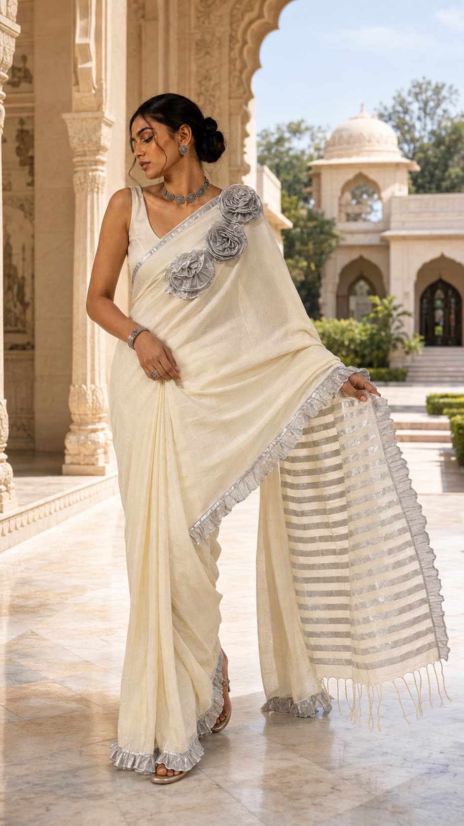 Model wearing NOOR 05 in ivory and silver with sculptural rosette-like details