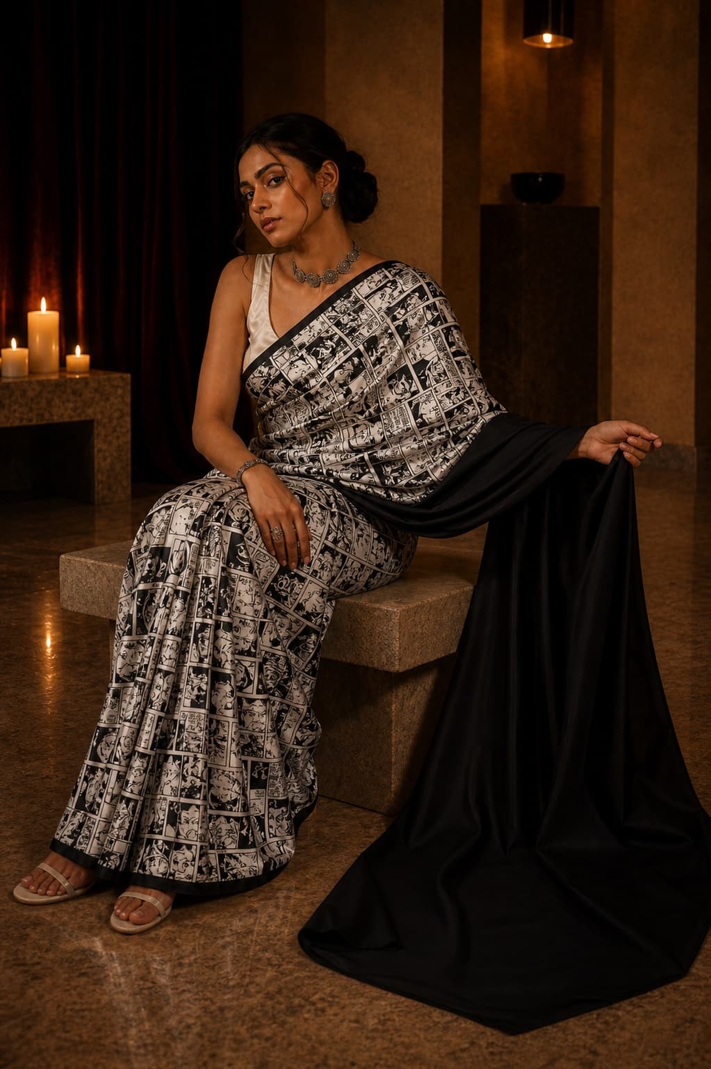 Model wearing NOOR 06 in black and ivory with a graphic illustrated surface